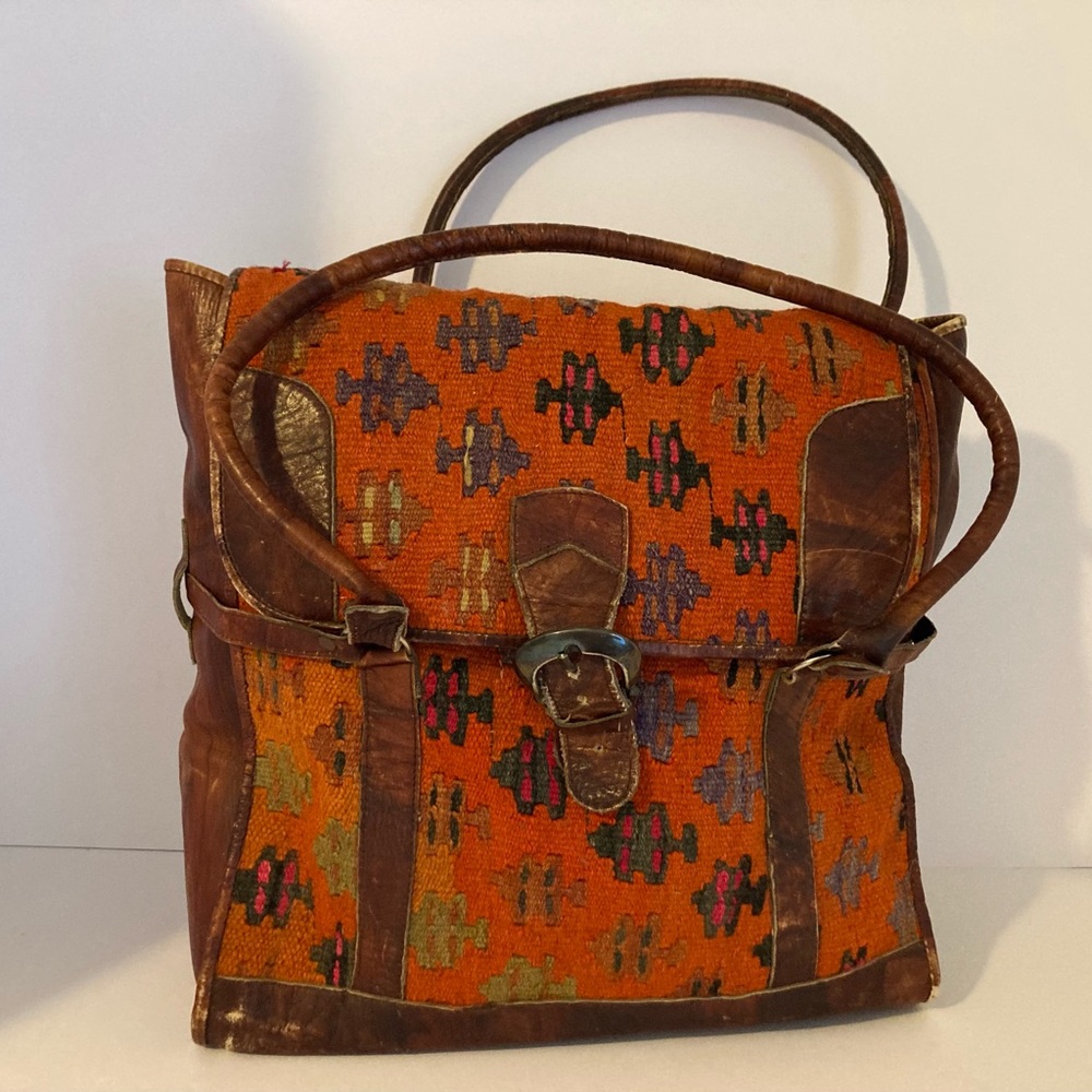 Vintage Kilim wool and leather buckled tote bag